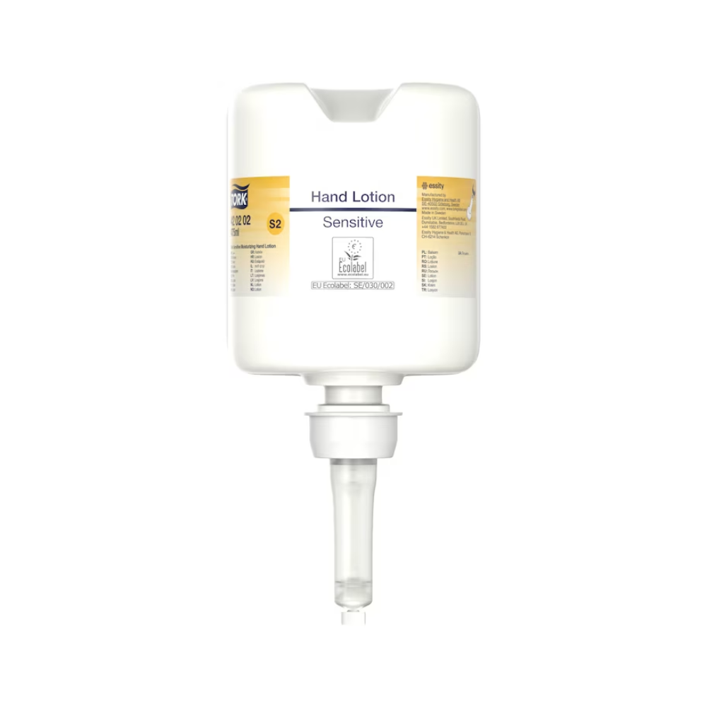 Un distribuitor de loțiune de mâini Tork 420202 alb cu duză transparentă și inscripția „Dezinfectant de mâini hidratant sensibil” cu litere mici oferă un design minimalist care se concentrează pe distribuirea loțiunii hidratante, perfect pentru îngrijirea pielii sensibile.