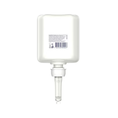 Este ilustrat un recipient alb, dreptunghiular, cu duză la bază, pe care se pot vedea text și un cod de bare. Acest Tork 420202 Dezinfectant de mâini hidratant sensibil Premium de la TORK – Essity Professional Hygiene Germany GmbH este ideal pentru distribuirea gelului dezinfectant hidratant pentru mâini și combate eficient agenții patogeni.