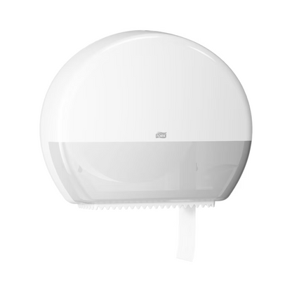 Dispenserul Tork 554000 pentru hârtie igienică Jumbo Elevation T1 de la TORK, oferit de Essity Professional Hygiene Germany GmbH, este un dispenser de hârtie igienică montat pe perete, de culoare albă, cu o parte inferioară translucidă. Este conceput pentru toalete cu trafic intens (toalete cu frecvență mare de vizitatori) pentru a monitoriza eficient rola de hârtie igienică Jumbo din interior.