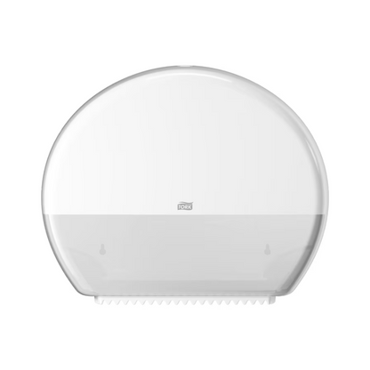 Dispenserul Tork 554000 pentru hârtie igienică Jumbo Elevation T1 de la Essity Professional Hygiene Germany GmbH este un dispenser rotund de plastic alb pentru hârtie igienică Jumbo, cu o jumătate inferioară translucidă, ideal pentru toalete cu trafic ridicat. Suprafața sa exterioară netedă are un mic logo în centru, care permite o monitorizare ușoară a nivelului hârtiei din interior.