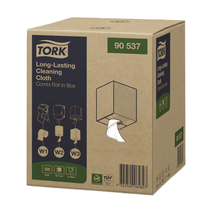 O cutie cu Tork 90537 Prosoape de curățare durabile Premium W1 W2 W3 de la TORK – Essity Professional Hygiene Germany GmbH, cu detalii despre produs și instrucțiuni de utilizare. Deschiderea distribuitorului oferă o vedere asupra unui prosop de curățare alb, fără scame, pe care numărul modelului 90537 este clar vizibil pe partea de sus și lateral.