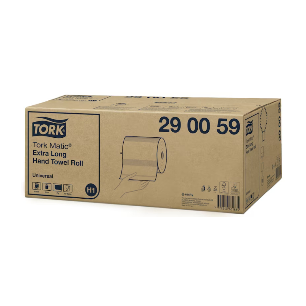 Pe un carton cu inscripția „Tork Matic® 290059 prosop de rolă extra-lung Universal H1 1-strat“ este ilustrată o mână care ține un prosop de rolă extra-lung. Cartonul produs de TORK – Essity Professional Hygiene Germany GmbH conține diverse simboluri de expediere și manipulare și conține șase role.