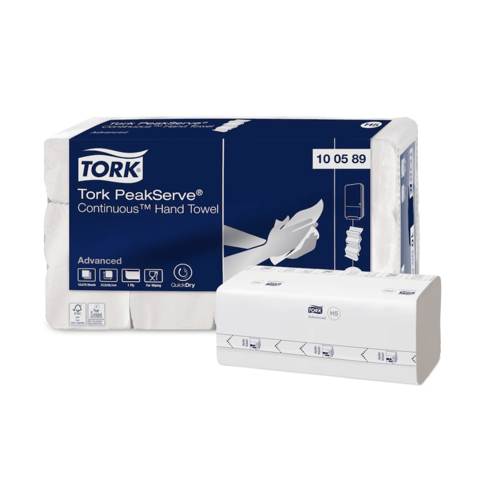 Pe ambalajul prosoapelor de mână Tork PeakServe® 100589 Endlos™ Advanced H5 1-strat, numele produsului și logo-ul sunt clar vizibile, însoțite de o imagine a extragerii individuale a prosopului. Simbolurile din jur subliniază caracteristici precum capacitatea mare și extragerea rapidă. Numărul de ambalaj 100589 este clar vizibil.