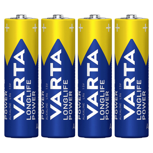 Patru baterii Varta AG Industrial Pro Mignon AA, așezate vertical, cu etichete albastre și galbene.