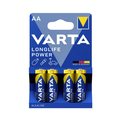 Un pachet de 4 baterii Varta Longlife Power 4906 AA LR6 de la Varta AG în ambalaj de folie albastră și galbenă - "Made in Germany" - cu simboluri pentru telecomenzi, mașini și jucării; perfect pentru dispozitive cu consum mare de energie.