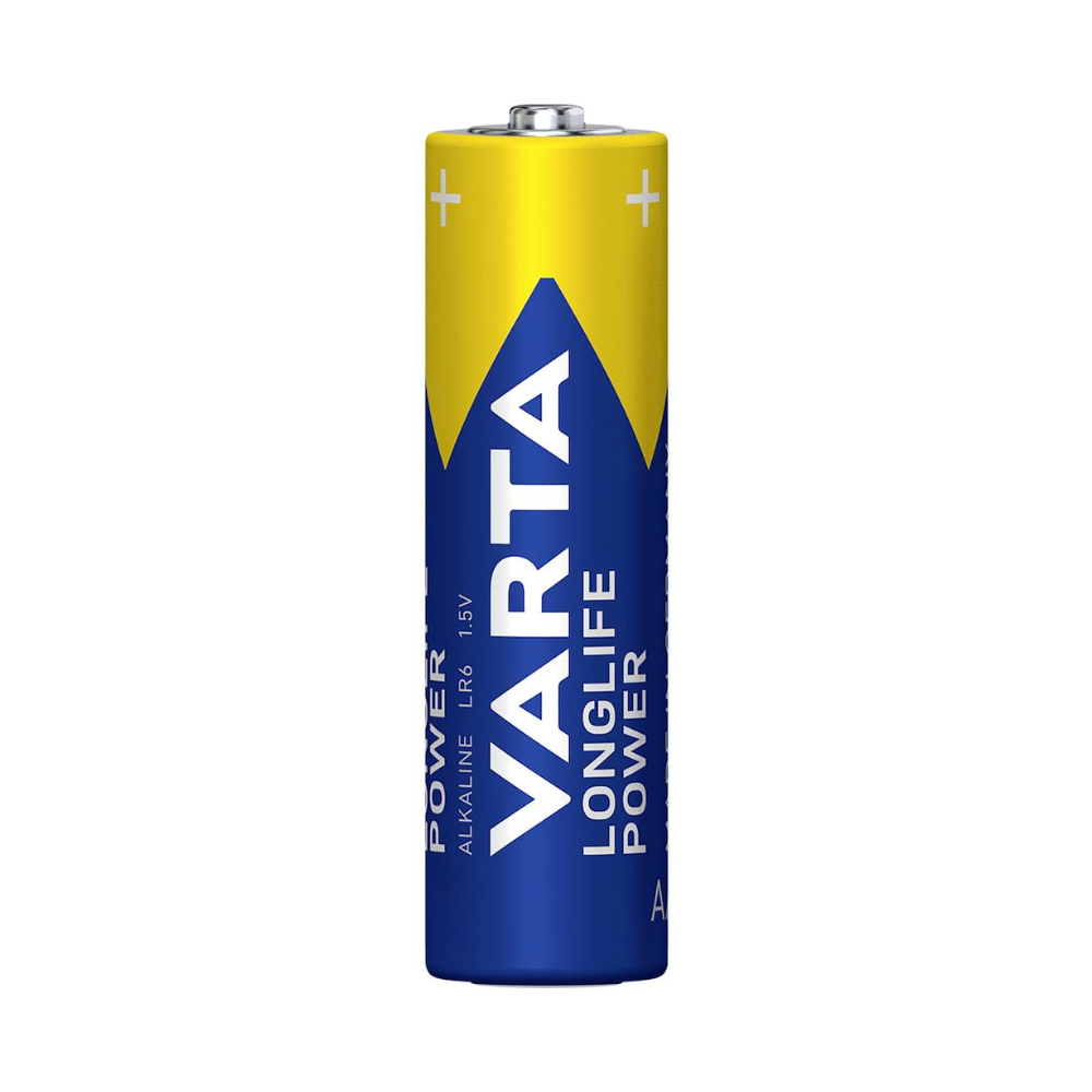 Un pachet cu 4 baterii Varta Longlife Power 4906 AA de la Varta AG, în design albastru și galben, este așezat pe un fundal alb. Perfect pentru dispozitive cu consum mare de energie, ambalajul arată marca și detaliile produsului.