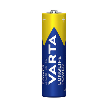 Un pachet cu 4 baterii Varta Longlife Power 4906 AA de la Varta AG, în design albastru și galben, este așezat pe un fundal alb. Perfect pentru dispozitive cu consum mare de energie, ambalajul arată marca și detaliile produsului.