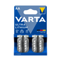 Imaginea unei baterii Varta Ultra Lithium AA | Pachet (4 bucăți). Ambalajul albastru arată patru baterii AA cu litiu, care sunt potrivite pentru dispozitive electronice și camere și sunt, prin urmare, ideale pentru utilizări sportive și în aer liber. Textul spune „Experți în baterii din 1887” și prezintă un logo triunghi galben-albastru.