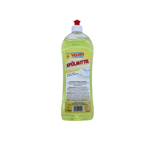 O sticlă de plastic de 1 litru cu detergent de vase Velvet, de culoare galbenă, de la Stern Waschmittel GmbH cu capac flip-top roșu și etichetă galbenă cu informații despre produs în limba germană.