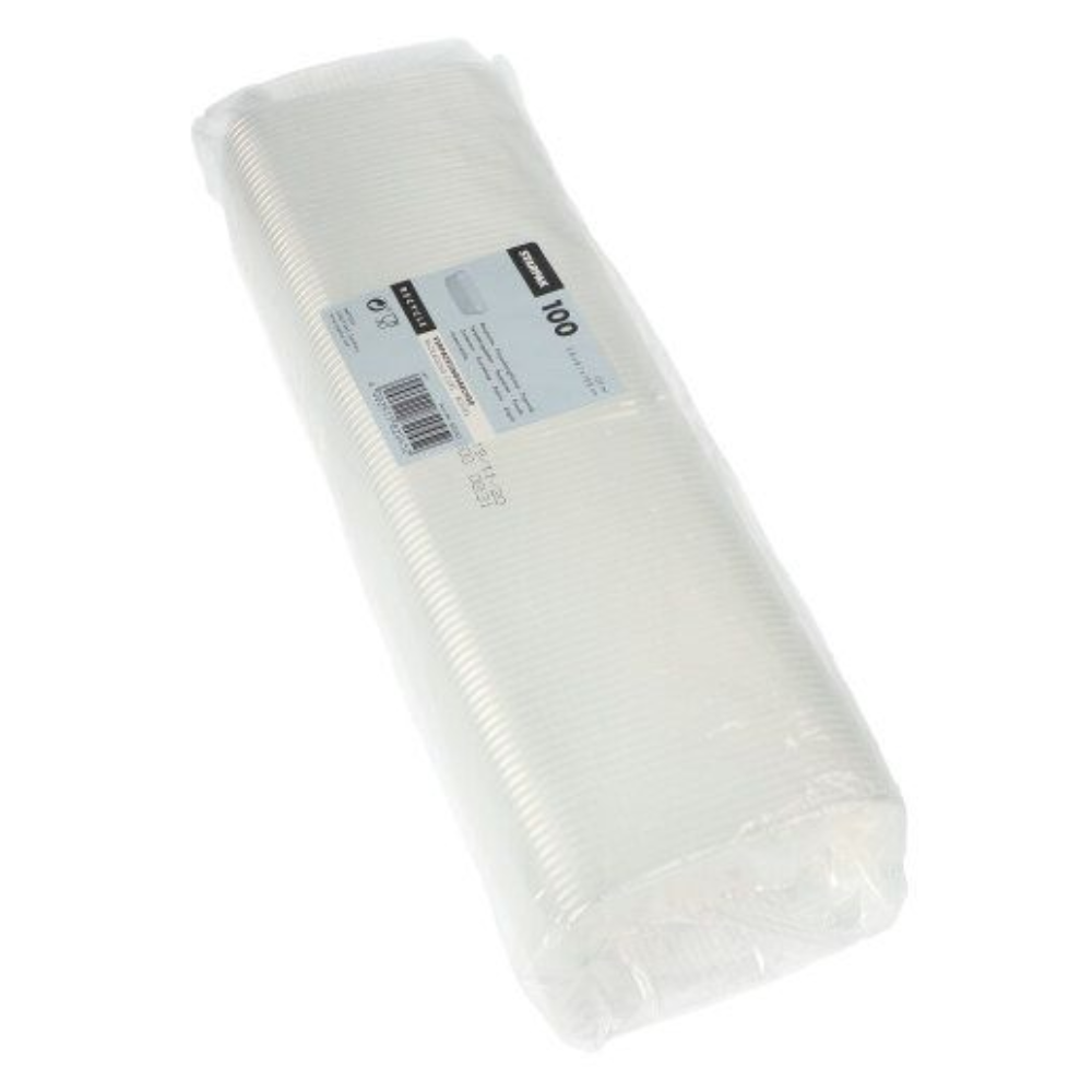 Un pachet sigilat cu 100 de pahare de ambalare Starpak PP dreptunghiulare de 125 ml transparente are o etichetă cu cantitatea și detaliile. Paharele sunt ordonat stivuite și vizibile prin ambalajul transparent.