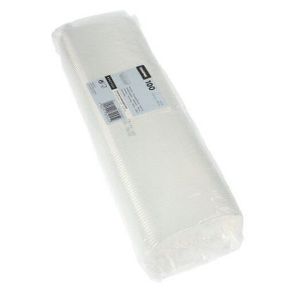 Un pachet sigilat cu 100 de pahare de ambalare Starpak PP dreptunghiulare de 125 ml transparente are o etichetă cu cantitatea și detaliile. Paharele sunt ordonat stivuite și vizibile prin ambalajul transparent.