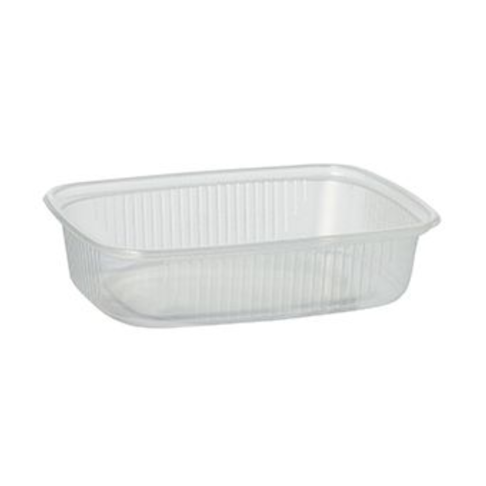 Pe fundalul alb este ilustrat un pahar de ambalare Starpak transparent, dreptunghiular, PP (125 ml) din plastic cu laturi canelate (gol), care este adesea folosit pentru depozitarea alimentelor.