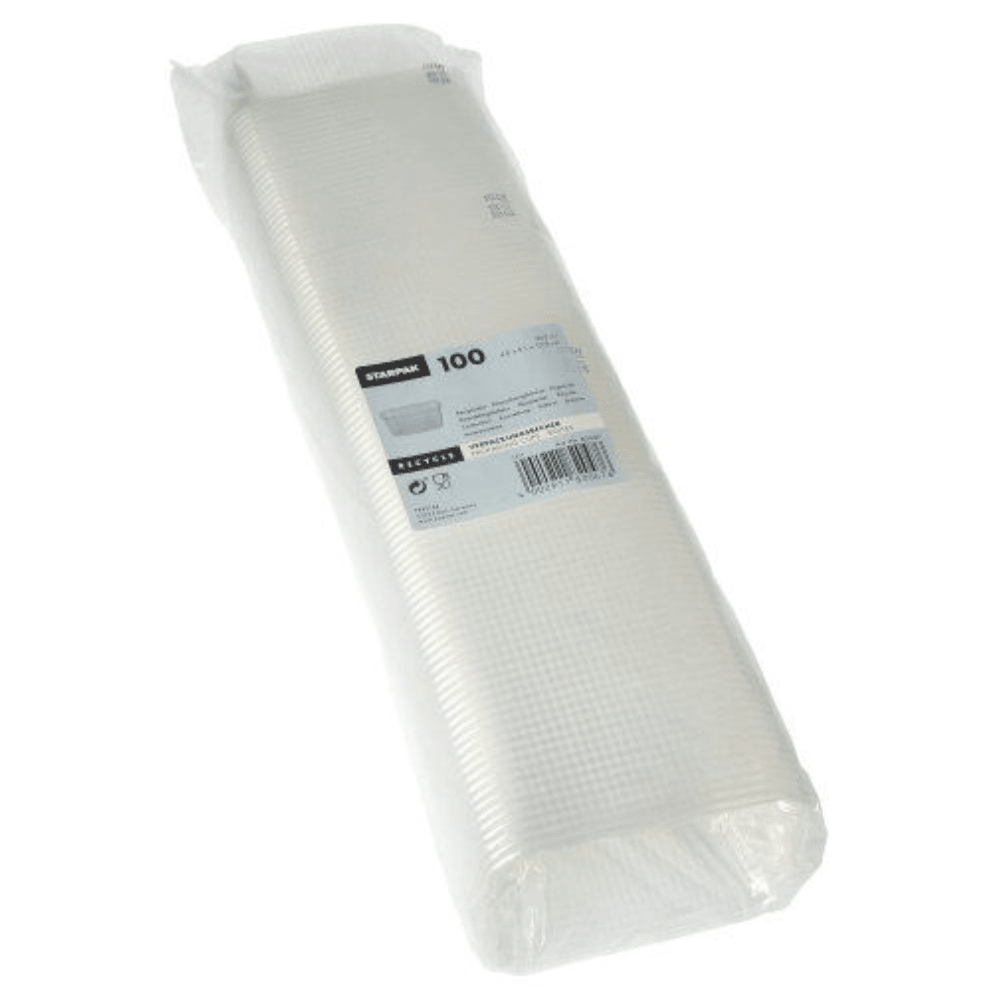 Un pachet sigilat cu 100 de pahare de ambalare Starpak, PP pătrat transparent, este stivuit și ambalat într-un ambalaj clar cu o etichetă de produs, ideal pentru depozitarea alimentelor alături de colecția dvs. existentă Starpak.