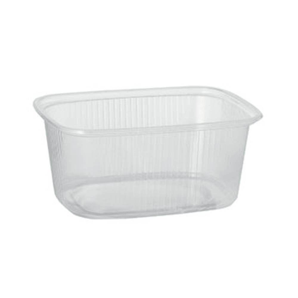 Paharul de ambalare Starpak 100 este un recipient de 250 ml transparent, dreptunghiular, din PP, pentru alimente, cu colțuri rotunjite și laturi nervurate de la Starpak, ideal pentru depozitarea alimentelor, afișat gol pe un fundal alb simplu.
