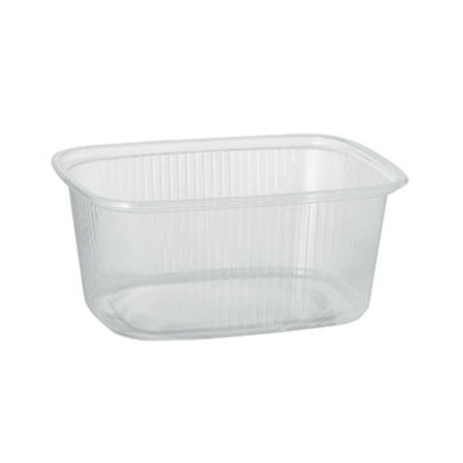 Paharul de ambalare Starpak 100 este un recipient de 250 ml transparent, dreptunghiular, din PP, pentru alimente, cu colțuri rotunjite și laturi nervurate de la Starpak, ideal pentru depozitarea alimentelor, afișat gol pe un fundal alb simplu.