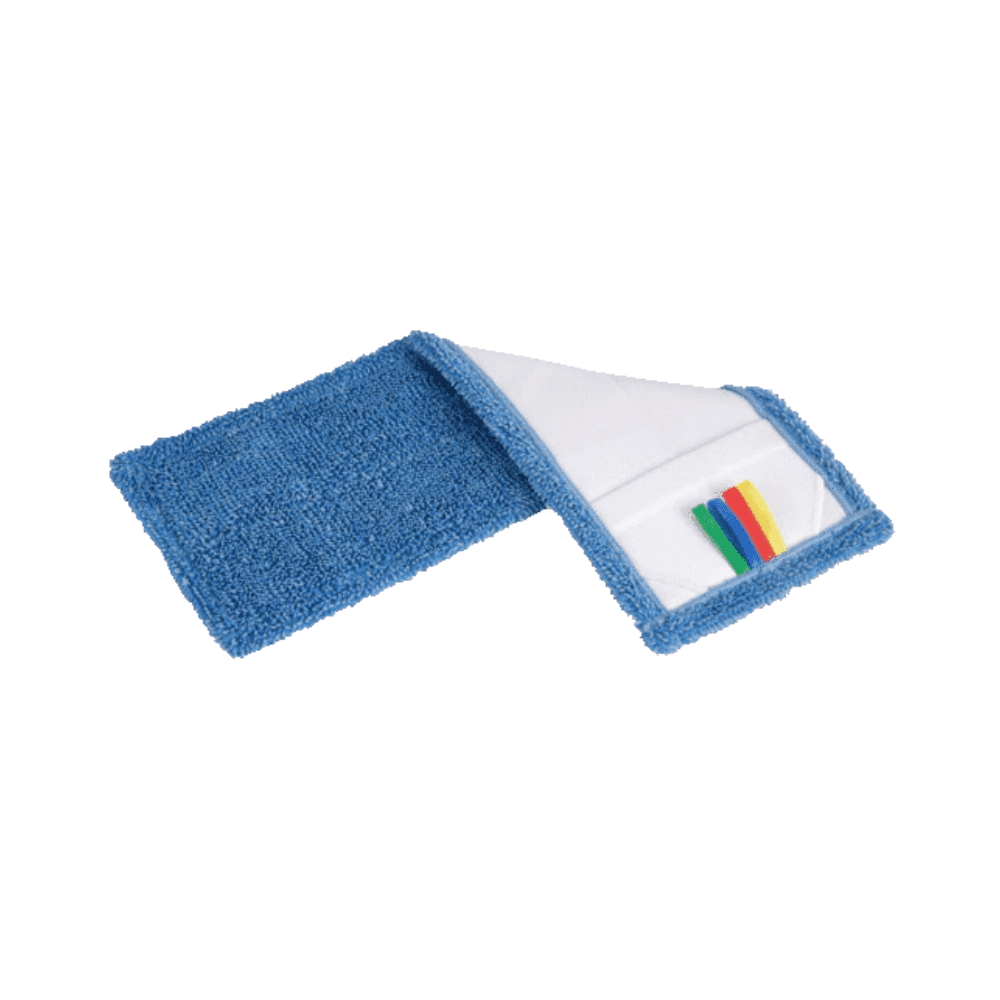 Un mop Vileda Base Loop cu husă de ștergere de la Vileda GmbH este prezentat cu o suprafață din microfibră albastră și o parte inferioară albă cu etichete multicolore. Acest accesoriu versatil îmbunătățește performanța de curățare a mopului Vileda Base Loop, cunoscut pentru absorbția sa ridicată de apă.