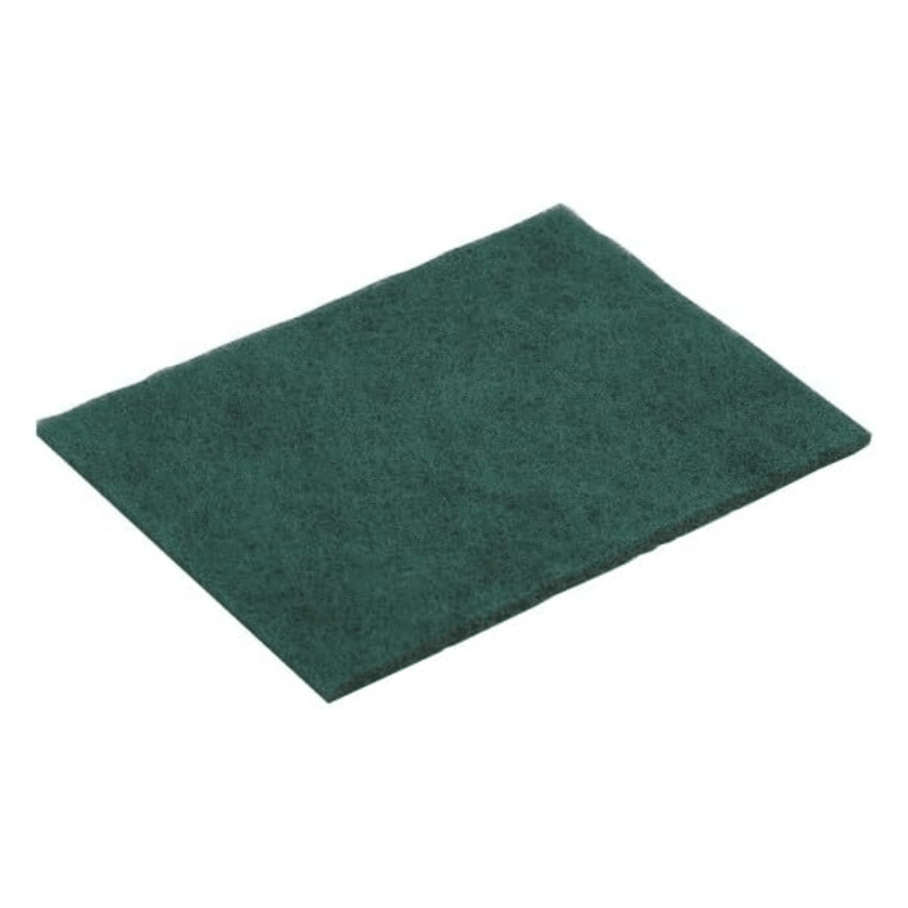 Buretele abraziv verde Vileda Professional Handpad „Strong“ de 15 x 22 cm, în set de 10 de la Vileda GmbH, este conceput pentru curățarea profesională, având un burete abraziv verde pe un fundal alb.