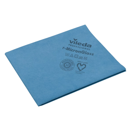 Das Vileda Professional r-MicronGlass Gläsertuch in Blau, 50 x 40 cm groß und im 5er-Pack erhältlich, verfügt über fortschrittliche Mikrofasertechnologie und besteht aus recycelten Materialien. Symbole und Texte betonen seine außergewöhnlichen Reinigungsfähigkeiten.