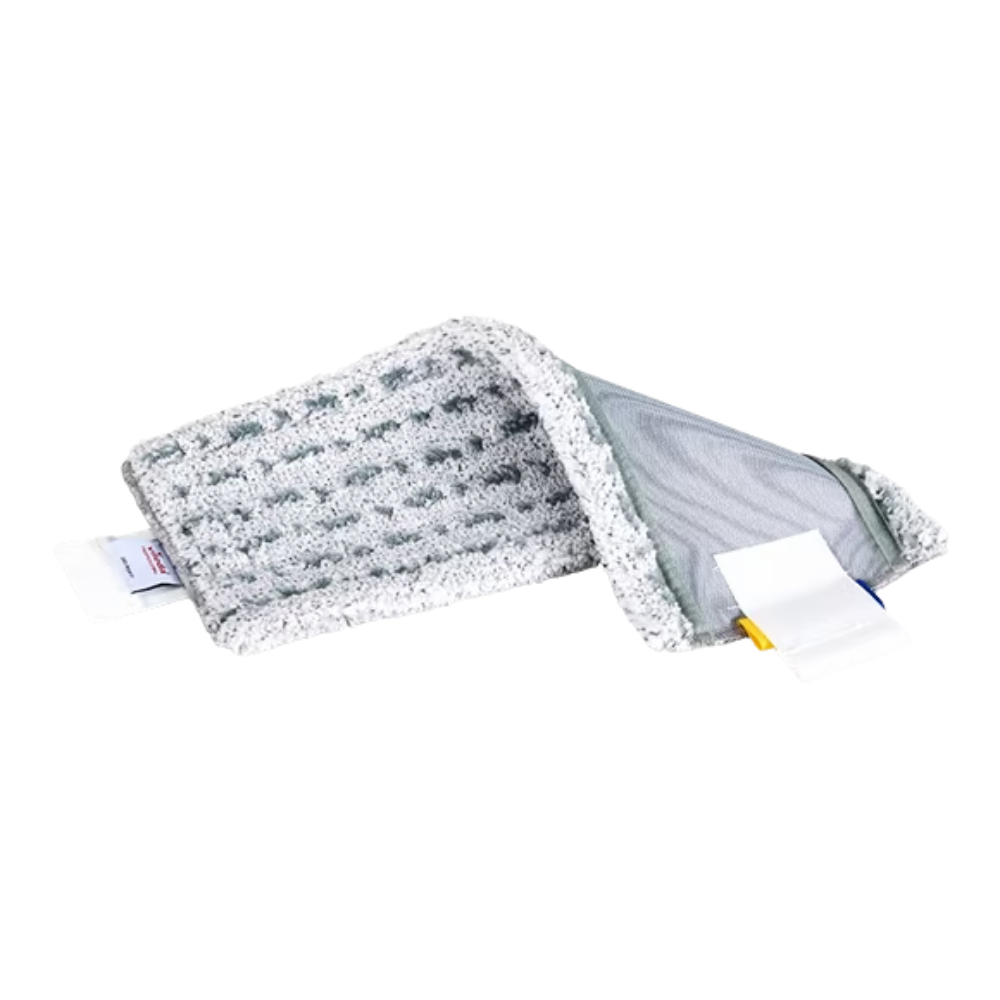 Un prosop de curățare texturat gri, Vileda Professional UltraSpeed MicroLite max - 40 cm de la Vileda GmbH, este parțial pliat pentru a-și arăta stratul interior. Are la un capăt etichete cu instrucțiuni de îngrijire și informații despre produs pentru o utilizare și îngrijire convenabilă.