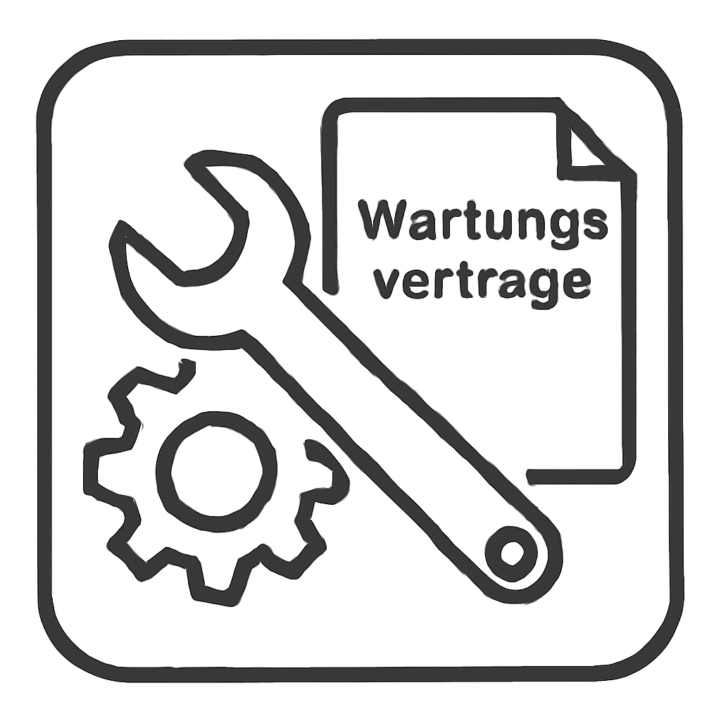 Simbol alb-negru cu o cheie și o roată dințată deasupra unui document cu inscripția "Contracte de întreținere" evidențiază caracteristicile Diversey TASKI Ultimaxx 900 IntelliCheck, contract de întreținere de bază pentru Ultimaxx 900 | Pachet (1 bucată).