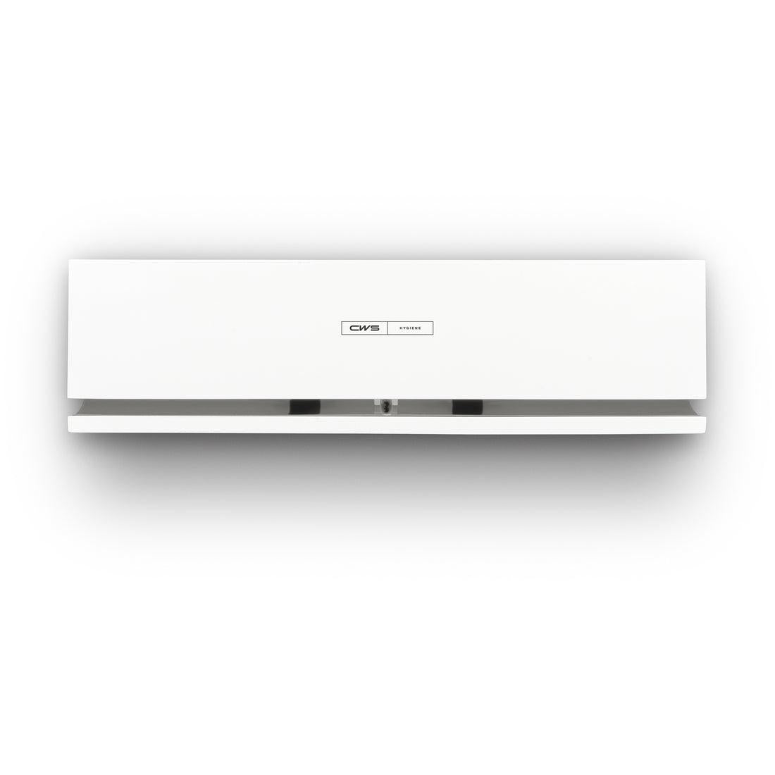 Panoul frontal CWS pentru distribuitorul de parfumuri Air Bar este un panou de perete simplu, alb, dreptunghiular, cu un logo CWS mic în mijloc și o deschidere vizibilă de aer în partea de jos, care reflectă un design modern.