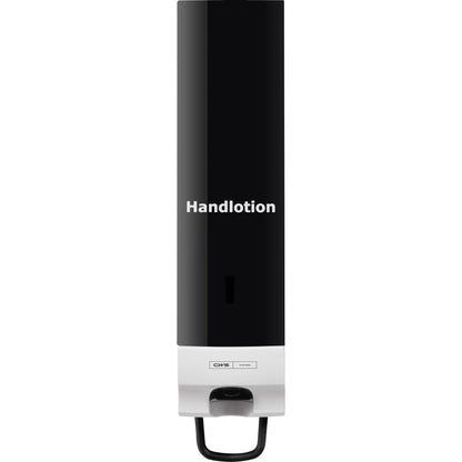 Panoul frontal CWS pentru distribuitorul de spumă de săpun Foam Slim este un distribuitor de perete alb-negru cu un design elegant, inscripția îngroșată "Loțiune de mâini" pe panoul frontal CWS, precum și o pârghie și un mic afișaj în partea de jos.