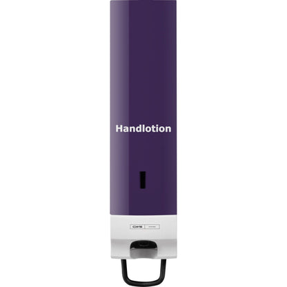 Panoul frontal CWS pentru distribuitorul de spumă de săpun Foam Slim are o suprafață violetă cu inscripția "Loțiune de mâini" și o parte inferioară albă cu pârghii, care creează un aspect elegant pentru orice încăpere.