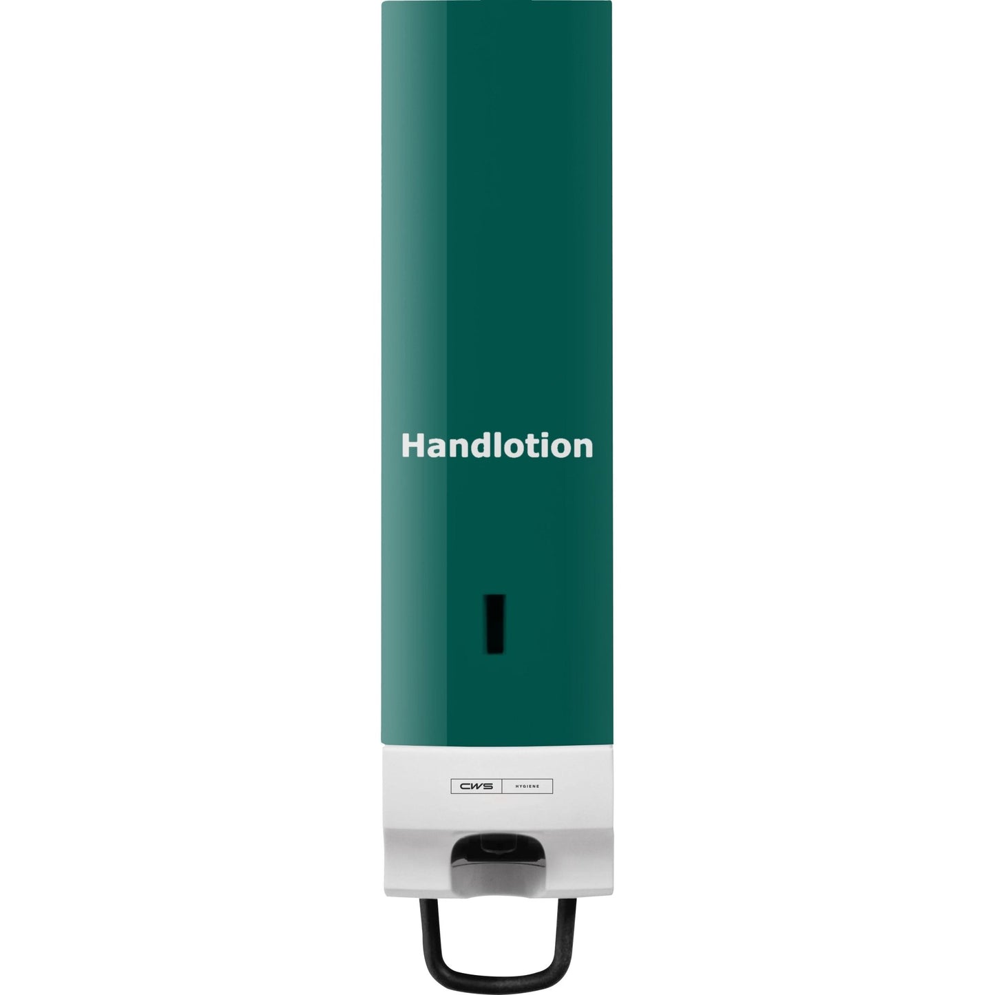 Panoul frontal CWS pentru distribuitorul de spumă de săpun Foam Slim este un distribuitor montat pe perete cu capac verde și inscripția albă "Loțiune de mâini", o fereastră de vizualizare pentru conținut, design elegant CWS și o pârghie de presiune în partea de jos pentru o utilizare ușoară.