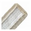 Prim-plan al mopului special Arcora Flachpressmopp Box Mopp Fpm-Erh cu copertă de la Arcora International GmbH, bej și alb cu margini texturate și suprafață moale și absorbantă. Materiale durabile, ideal pentru curățenia profesională. Fundal alb monocrom. Cutie cu 100 de bucăți.