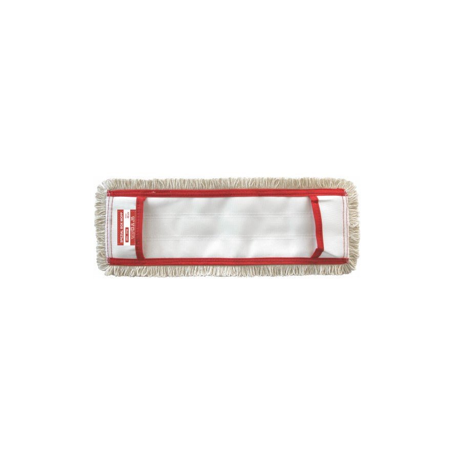 Mopul special Arcora Flachpressmopp Box Mopp Fpm-Erh cu copertă de la Arcora International GmbH este un mop de curățat dreptunghiular cu franjuri bej, centru alb, margine roșie și etichetă roșie pe partea stângă, ideal pentru curățarea eficientă a podelelor pe un fundal alb monocrom.