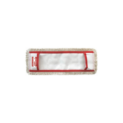 Mopul special Arcora Flachpressmopp Box Mopp Fpm-Erh cu copertă de la Arcora International GmbH este un mop de curățat dreptunghiular cu franjuri bej, centru alb, margine roșie și etichetă roșie pe partea stângă, ideal pentru curățarea eficientă a podelelor pe un fundal alb monocrom.