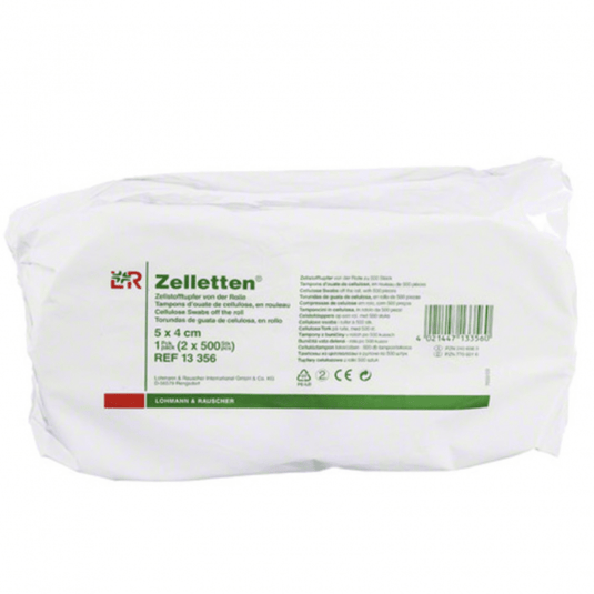Ambalajul cu tampoane din celuloză Zelletten® de la Lohmann & Rauscher este ideal pentru utilizări medicale. Pe etichetă sunt indicate dimensiunea (5 x 4 cm), cantitatea (2 pachete a câte 500 de bucăți) și numărul de referință (13 356). Ambalajul este în mare parte alb, cu text verde.