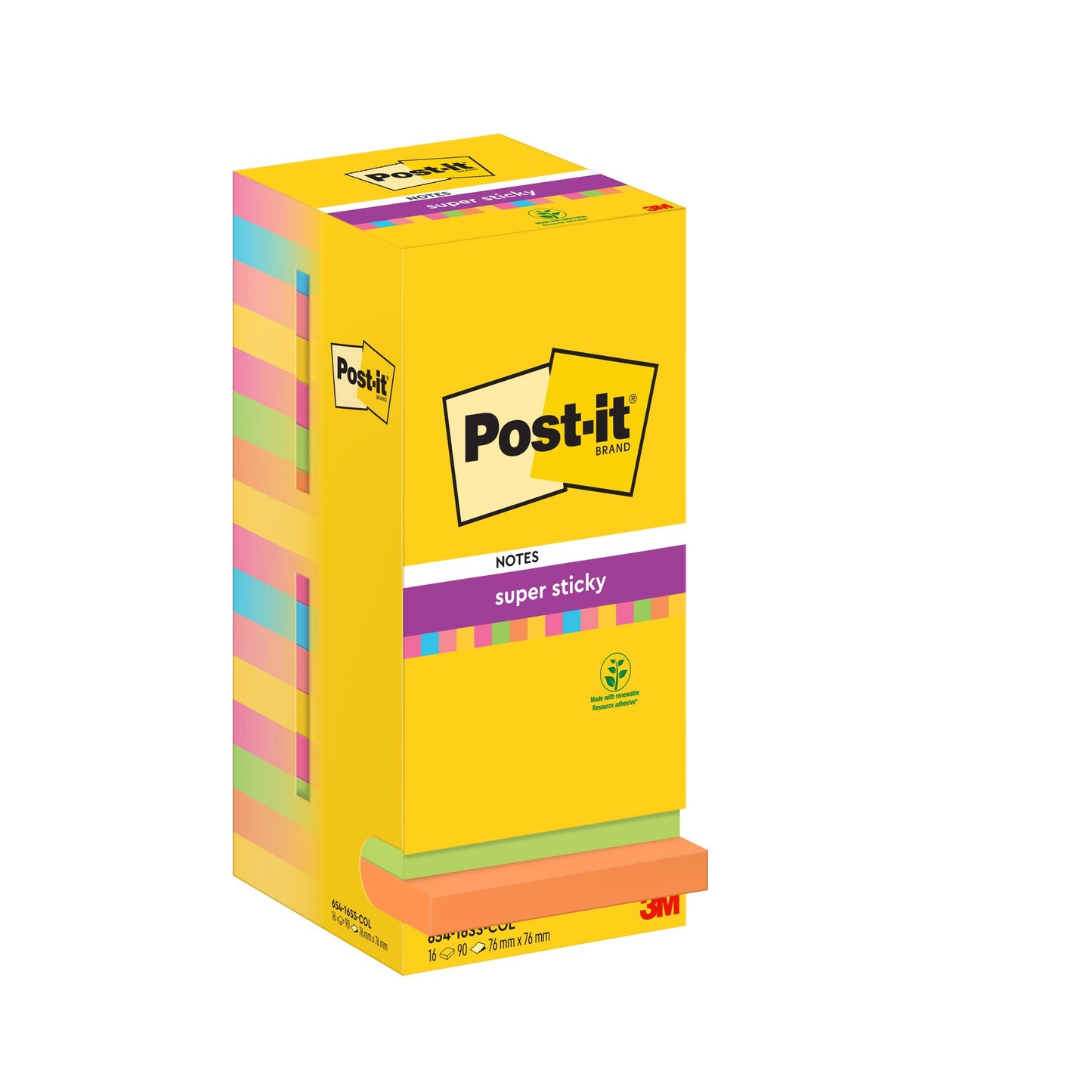 Eine Packung mit 16 Post-it® Super Sticky Notes (76 x 76 mm, 90 Blatt/Block) in verschiedenen Farben von 3M Deutschland GmbH, PEFC-zertifiziert (SGSCH-PEFC-COC-110078), mit Produktinfos und Logos auf der weißen Box.