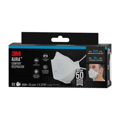 Un pachet de măști de particule confort 3M™ Aura™ 9320+ (FFP2, fără supapă) de la 3M Deutschland GmbH, conține 3 măști per pachet și oferă o filtrare a particulelor de 94%. Ambalajul prezintă masca albă și o persoană care o poartă.