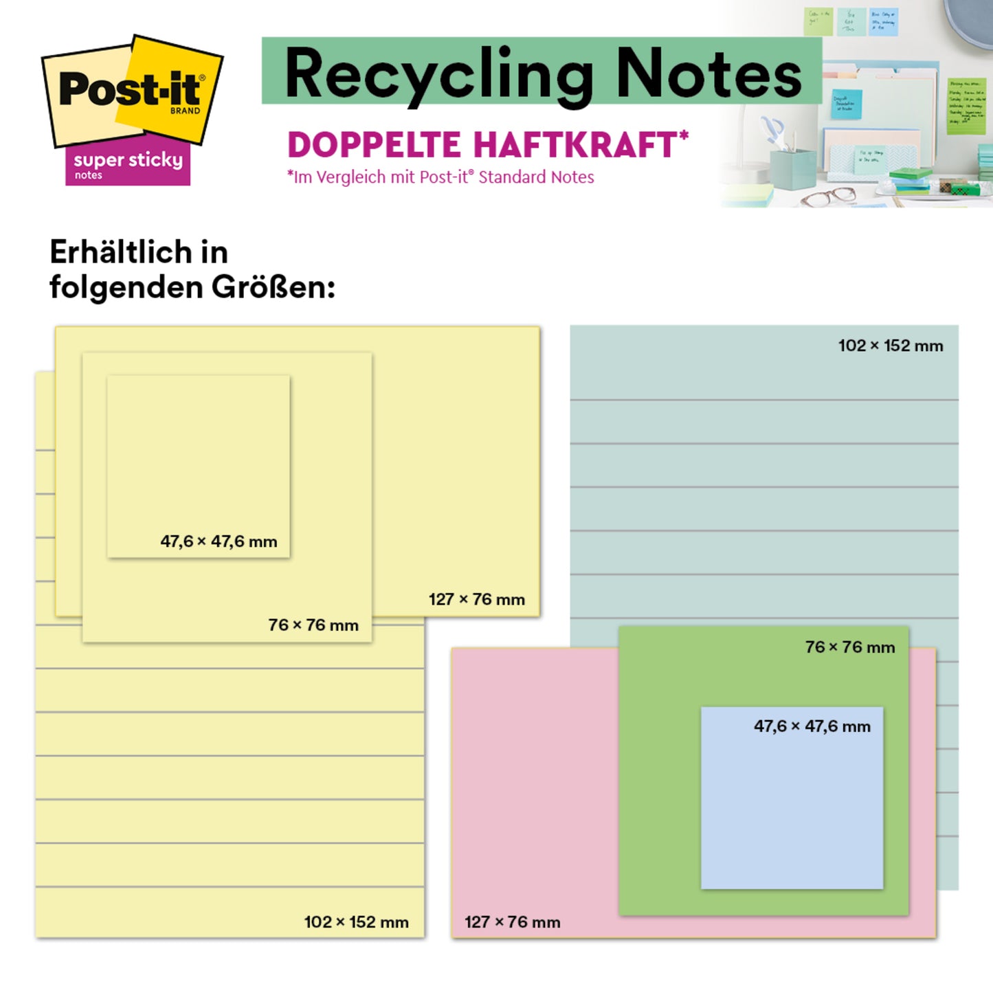 Post-it® Super Sticky 100% Notes de reciclare, Galben, liniuțat, 102 x 152 mm (45 de foi/bloc, 4 blocuri/pachet), certificat PEFC (SGSCH-PEFC-COC-110078) de la 3M Deutschland GmbH sunt ilustrate pe o hartă, cu dimensiuni în germană și engleză.