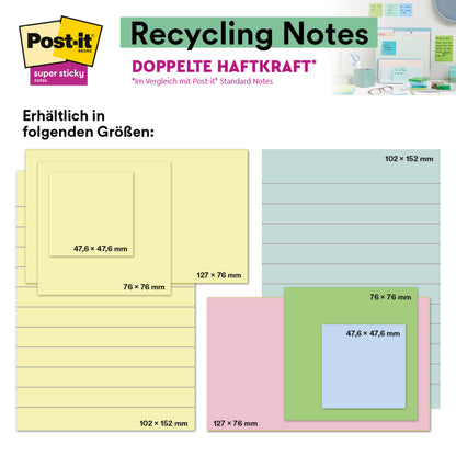 O grafică arată Post-it® Super Sticky 100 % Notes de reciclare ale 3M Deutschland GmbH (102 mm x 152 mm, linii, culori diferite, 45 de foi/bloc, 4 blocuri/pachet) cu mențiunea hârtiei certificate PEFC și aderență extra puternică.