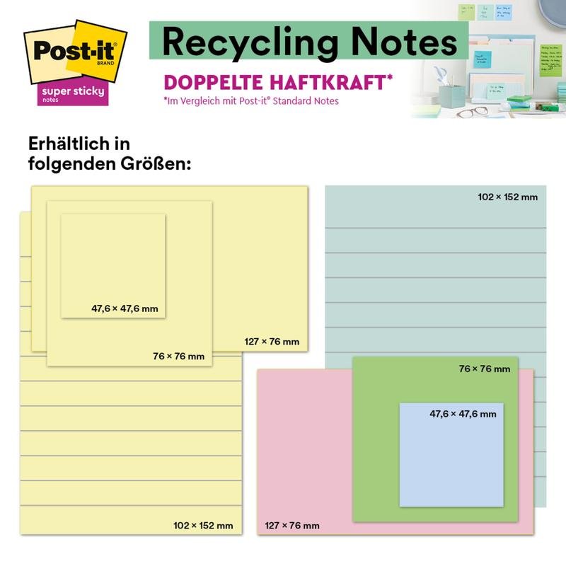O grafică arată Post-it® Super Sticky 100% Notes de reciclare (76x76mm, 70 foi, PEFC) în culori pastel și dimensiuni, cu specificații în milimetri. Produsul 3M Deutschland GmbH apare într-un spațiu de lucru; textul este în germană și engleză.