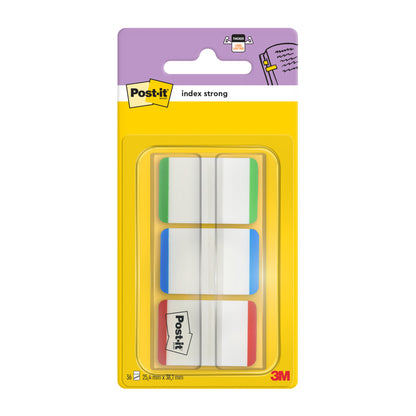 Un pachet de Post-it® Index Strong Ablagetabs de la 3M Deutschland GmbH conține 66 de benzi adezive standard (25,4 mm x 38,1 mm) în culori diferite, aranjate clar într-un distribuitor cu spate galben și violet.
