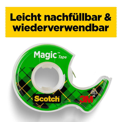 Un dispenser manual verde pentru bandă adezivă invizibilă Scotch® Magic™ de la 3M Deutschland GmbH este prezentat, împreună cu două role (19 mm x 12 m + 3,2 m gratuit). Banner galben: "Ușor de reumplut & reutilizabil. Perfect pentru bandă invizibilă.