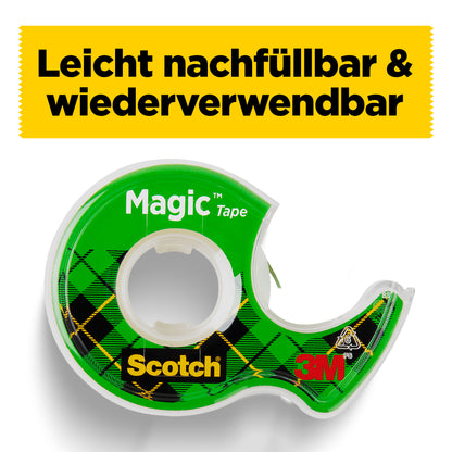 Ein grüner Scotch® Magic™ Unsichtbares Klebeband Handabroller von 3M Deutschland GmbH, abgebildet unter einer gelben deutschen Fahne. Enthält 1 leicht nachfüllbare Klebebandrolle (19 mm x 7,5 m) in einem wiederverwendbaren karierten Abroller.