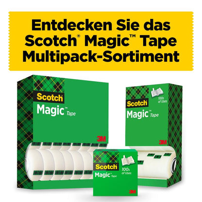 Trei pachete de bandă invizibilă Scotch® Magic™ de la 3M Deutschland GmbH sunt prezentate pe un fundal alb. Un banner galben în germană deasupra spune: „Descoperiți gama multipack Scotch Magic Tape.