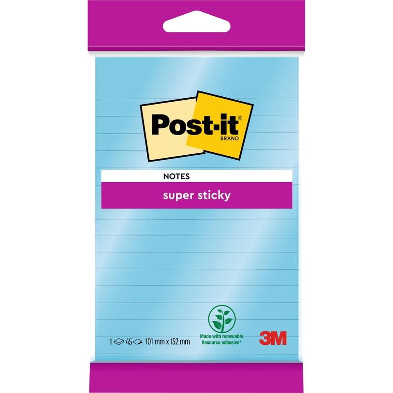 Un pachet de Post-it® Super Sticky Notes de mari dimensiuni, liniuțe, 102 mm x 152 mm, 45 de foi/bloc, de la 3M Deutschland GmbH, cu o aderență extra puternică și sigiliu 100% PEFC pe ambalaj.