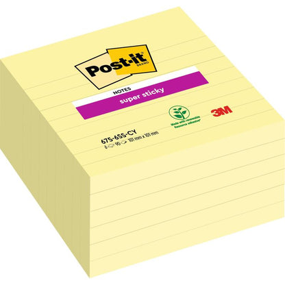 Un teanc de Post-it® Super Sticky Notes în format mare (101 mm x 101 mm, 90 foi/bloc, 100% PEFC) de la 3M Deutschland GmbH, cu foi galbene liniare și logo-uri.