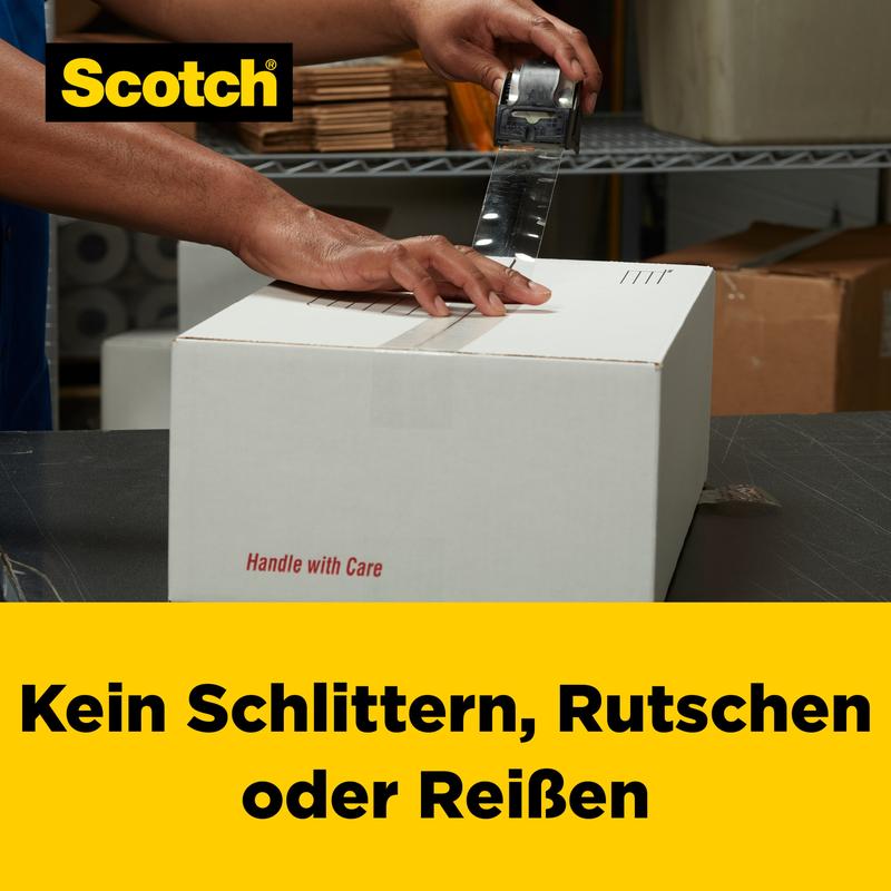 O persoană sigilează un carton cu inscripția "Handle with Care" cu bandă adezivă de ambalare Scotch® Box Lock™ (48 mm x 20,3 m) de la 3M Deutschland GmbH; imaginea arată logo-ul Scotch și textul german: "Fără alunecare, alunecare sau rupere.