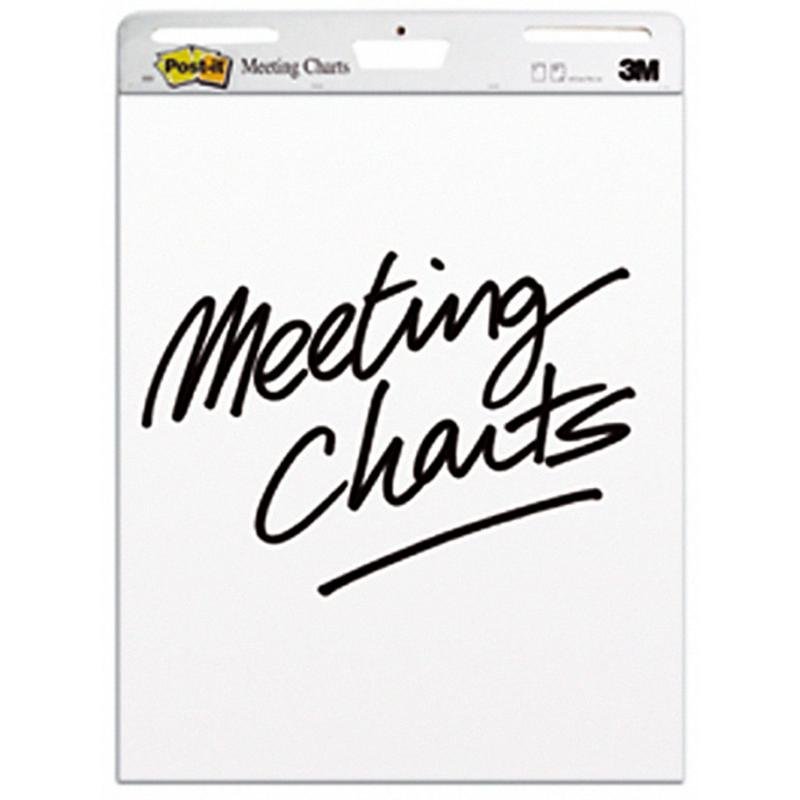Un chart de întâlniri autoadeziv mare Post-it® Super Sticky pentru montare pe perete 559 (63,5 x 76,2 cm, 30 de foi/bloc, 2 blocuri), alb, de la 3M Deutschland GmbH, cu "Meeting Charts" în față și logo-ul 3M în colțul din dreapta sus.