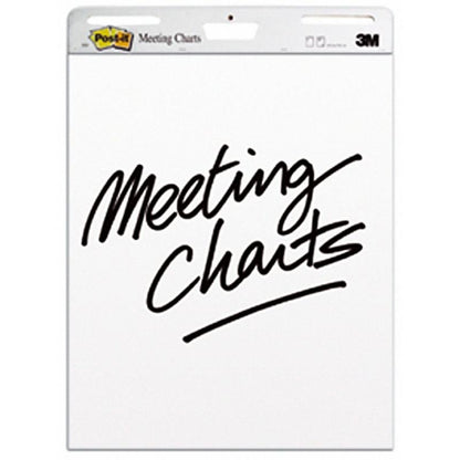 Un chart de întâlniri autoadeziv mare Post-it® Super Sticky pentru montare pe perete 559 (63,5 x 76,2 cm, 30 de foi/bloc, 2 blocuri), alb, de la 3M Deutschland GmbH, cu "Meeting Charts" în față și logo-ul 3M în colțul din dreapta sus.