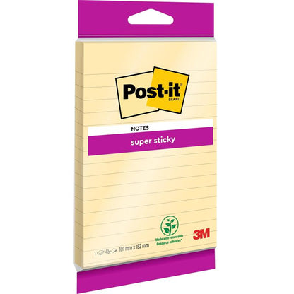 Post-it® Super Sticky Notes de mari dimensiuni de la 3M Deutschland GmbH: Liniuțe, aderență extra puternică, 102 x 152 mm, 45 de foi pe bloc, din hârtie certificată 100% PEFC.