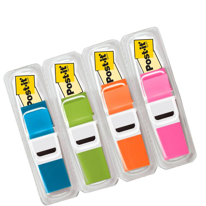 Patru pachete de benzi adezive 3M Deutschland GmbH Post-it® Index Mini, culori translucide (albastru, verde, portocaliu, roz), fiecare de 11,9 x 43,2 mm și 35 de benzi per dispenser. Ideal pentru marcarea și organizarea.