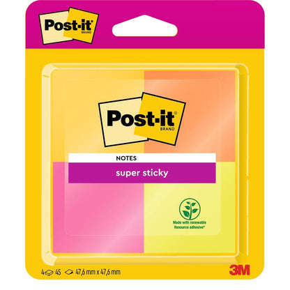 Un pachet de Post-It® Super Sticky Notes de la 3M Deutschland GmbH, certificat PEFC, în culori diferite, 4 blocuri a câte 45 de foi (47,6 mm x 47,6 mm), fabricate cu adeziv regenerabil.