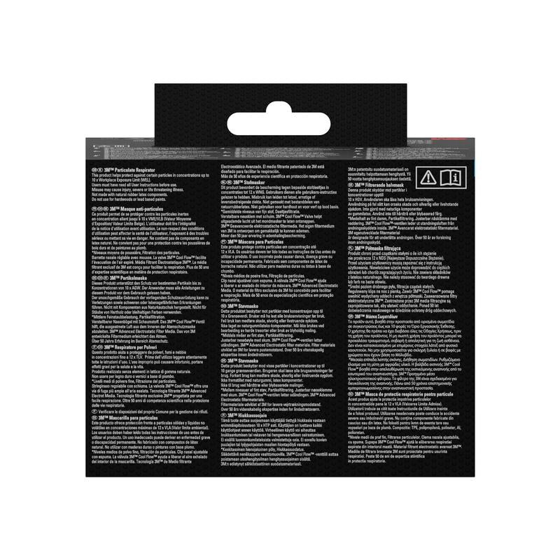 Partea din spate a măștii de particule 3M™ Cool Flow™ 8812, FFP1, cu supapă (pachet de 3) de la 3M Deutschland GmbH arată instrucțiuni și avertismente multilingve în alb pe negru, cu două simboluri în colțul din dreapta sus.